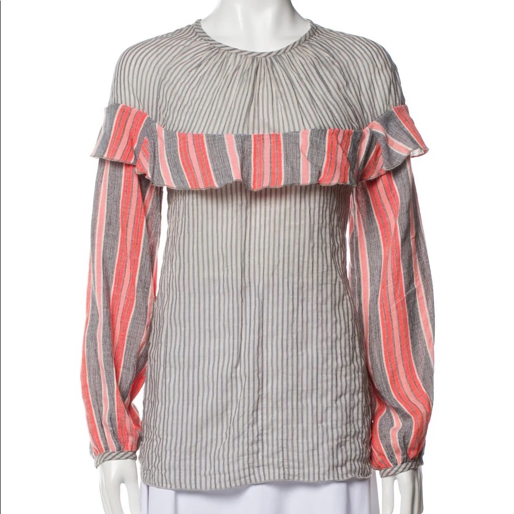 Lemlem striped ruffle shirt Blouse long sleeves light weight crew neck